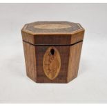 Georgian elongated octagonal tea caddy, variously veneered with boxwood and other stringing, with