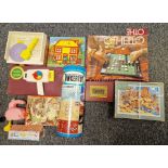 Two boxes of children's games and puzzles to include Snow White block puzzle, The Original Tinkertoy