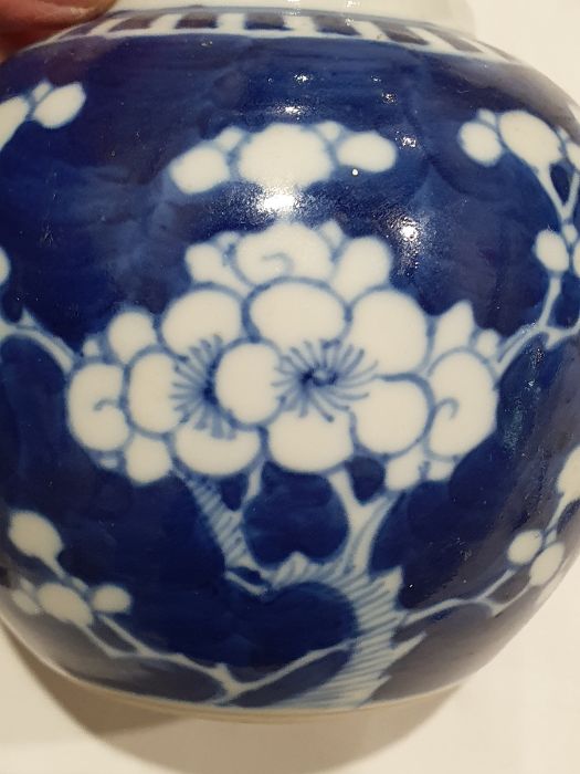 Two Chinese blue and white prunus decorated lidded ginger jars, each with double-ring mark to base - Image 20 of 22