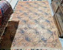 Large Eastern red ground rug with three rows of five elephant foot guls, single geometric border