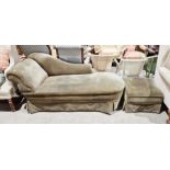Green upholstered chaise longue with matching square footstool