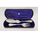 Pair Victorian silver-plated fish servers, each pierced and engraved with fish and flowers, in case