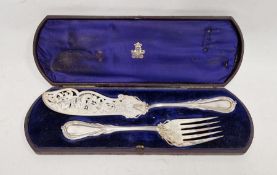 Pair Victorian silver-plated fish servers, each pierced and engraved with fish and flowers, in case