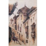 19th century school Watercolour Continental street scene with two figures, unsigned, framed and