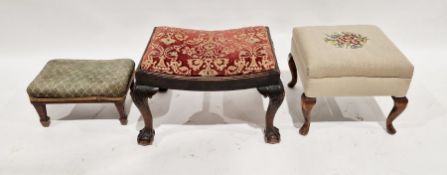 Beige square upholstered footstool, floral decorated, a 19th century stained rectangular footstool