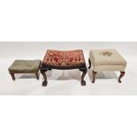 Beige square upholstered footstool, floral decorated, a 19th century stained rectangular footstool