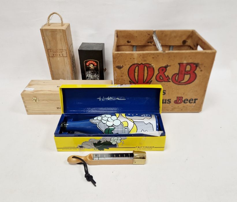M&B (Michell & Butlers Ltd, Birmingham) cardboard covered crate, a wooden wine box, a Bollinger box,