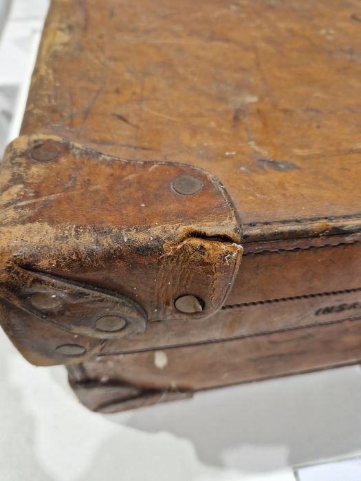 Large leather suitcase with part fitted interior of bottles, brushes, mirrors, etc, with name plaque - Image 10 of 32