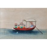 Four Chinese silk and painted pictures - boating scenes, a watercolour drawing in a wood photo frame
