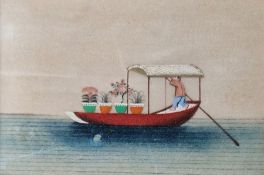 Four Chinese silk and painted pictures - boating scenes, a watercolour drawing in a wood photo frame