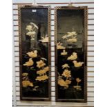 A pair of Chinese lacquer panels with applied decorations of flowers and birds, 91 x 30cm approx.