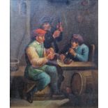 Continental School Oil on copper x 3 Scenes in a Tavern - gentleman smoking clay pipes, playing dice