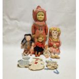 Early 20th century Chinese doll, small celluloid and other dolls, two fabric dolls and some doll's