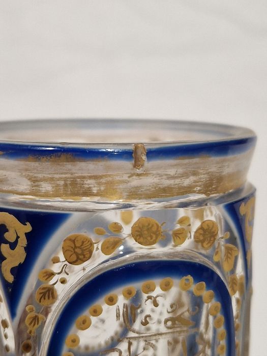 Pair of Bohemian overlay blue and gilt glass beakers on stands, with Arabic script Condition - Image 12 of 30