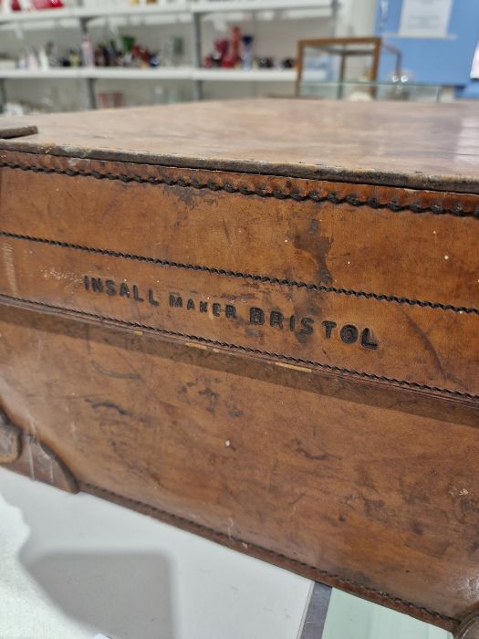 Large leather suitcase with part fitted interior of bottles, brushes, mirrors, etc, with name plaque - Image 8 of 32