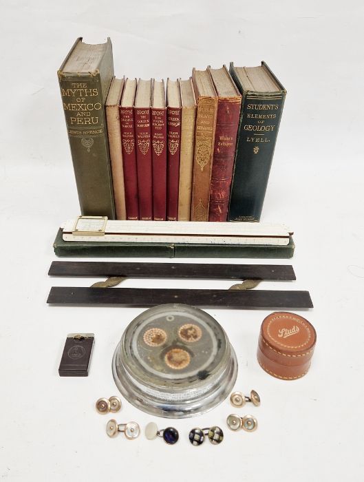 Slide rule, quantity books to include the Myths of Mexico and Peru and other items