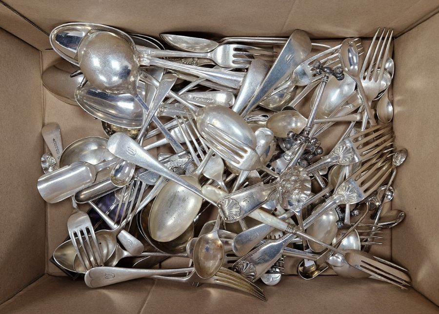 EPNS teapot, pair crumb scoops, flatware, etc (1 box) - Image 2 of 2