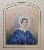19th century watercolour of a woman wearing blue dress and headdress, unsigned, framed and glazed