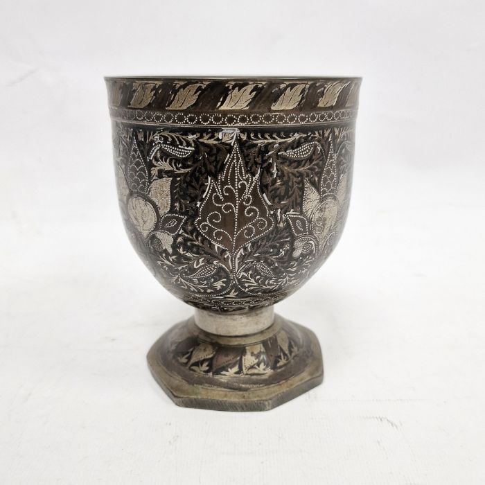 Asian niello and white metal footed vase, decorated with stylised flowerheads on a ground of - Image 2 of 3