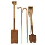 Vintage spade and another, and two walking sticks (4)