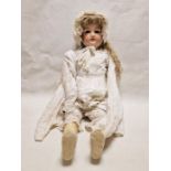 German bisque headed doll marked to back of head A14M, AM390, brown eyes, open mouth and teeth, 89cm