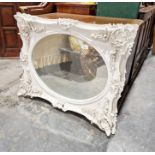 White painted rectangular framed wall mirror with oval bevelled mirror, 83cm wide