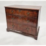 Walnut chest of three long drawers with brass swan neck handles, on bracket feet, 81 cms h. x 97cm