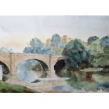 Paul Stafford Watercolour drawing  Bridge over river with a castle in background, signed lower