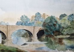 Paul Stafford Watercolour drawing  Bridge over river with a castle in background, signed lower