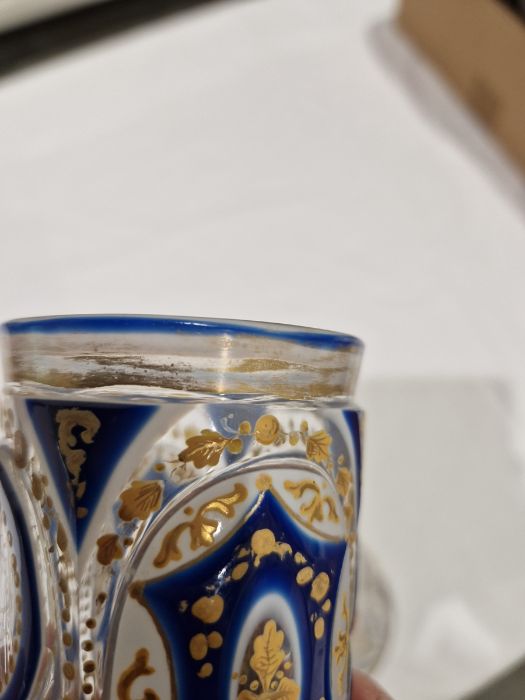 Pair of Bohemian overlay blue and gilt glass beakers on stands, with Arabic script Condition - Image 10 of 30