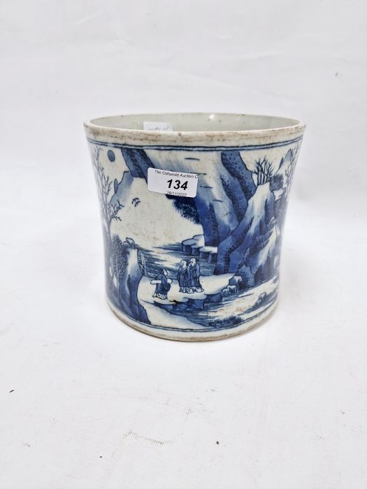 Chinese porcelain blue and white cylindrical brush washer, six-character spurious Kangxi marks, - Image 2 of 3