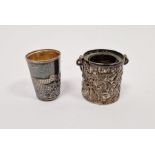 Victorian silver-mounted thimble holder in the form of a bucket, repousse decorated, Birmingham