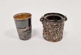 Victorian silver-mounted thimble holder in the form of a bucket, repousse decorated, Birmingham