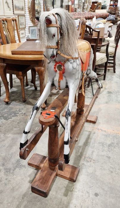 Antique rocking horse on wooden base, dappled grey with tan leather seat, 111cm high approx. - Image 2 of 3