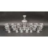 1930's Art Deco glass decanter with silver band and matching drinking glasses of various sizes