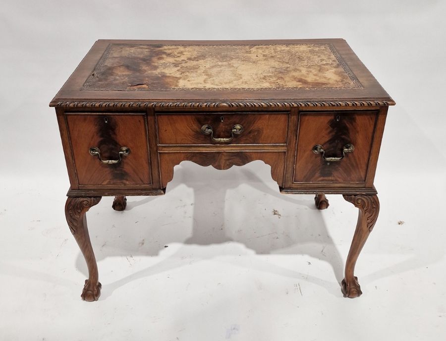 20th century mahogany kneehole desk with brown leather insert, on cabriole supports and claw and - Image 2 of 3