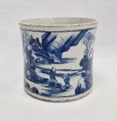 Chinese porcelain blue and white cylindrical brush washer, six-character spurious Kangxi marks,