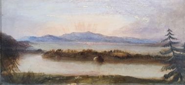 19th century school Oil on card Moorland scene at sunset, unsigned, 12cm x 26cm