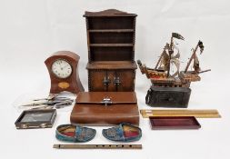 20th century inlaid mantel timepiece, pair Eastern child's embroidered leather shoes, folding