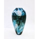 1930's Legras glass vase of tapering form, mottled blue/turquoise ground, stained etched floral