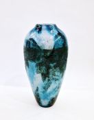 1930's Legras glass vase of tapering form, mottled blue/turquoise ground, stained etched floral