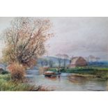 H. C. Fox watercolour drawing 'At Burpham Sussex ' water boatman taking a load of hay on a river,