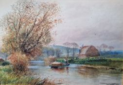 H. C. Fox watercolour drawing 'At Burpham Sussex ' water boatman taking a load of hay on a river,