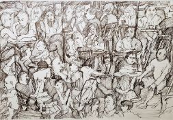 I. Drury ink drawing 'People come and go - Café in Formosa Square, Venice' signed and dated label