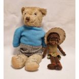 Norah Wellings brown felt girl doll in straw hat, 36cm high and a gold plush teddy bear with straw-