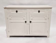 Early 20th century white painted sideboard with two carved drawers above pair of cupboards,  H. 91 x