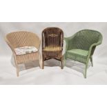Pair of pink Lloyd Loom tub chairs and three other green painted Lloyd Loom tub chairs labelled to