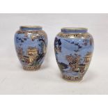 Pair of Adderley & Co. Art Deco Mandarin pattern pewter blue ground oviform vases, printed blue