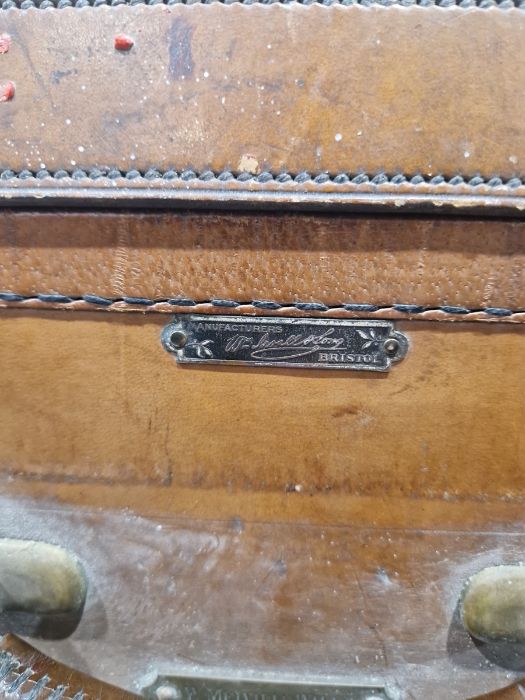 Large leather suitcase with part fitted interior of bottles, brushes, mirrors, etc, with name plaque - Image 4 of 32