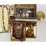Quantity of costume jewellery to include beaded necklaces, micro-mosaic brooch, compact (1 box)